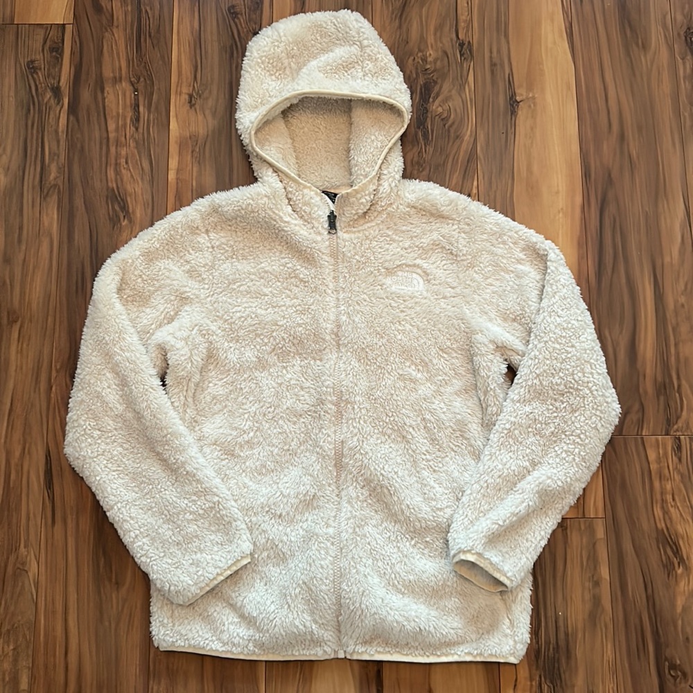 girls cream north face full zip up hoodie with pockets - teddy bear jacket